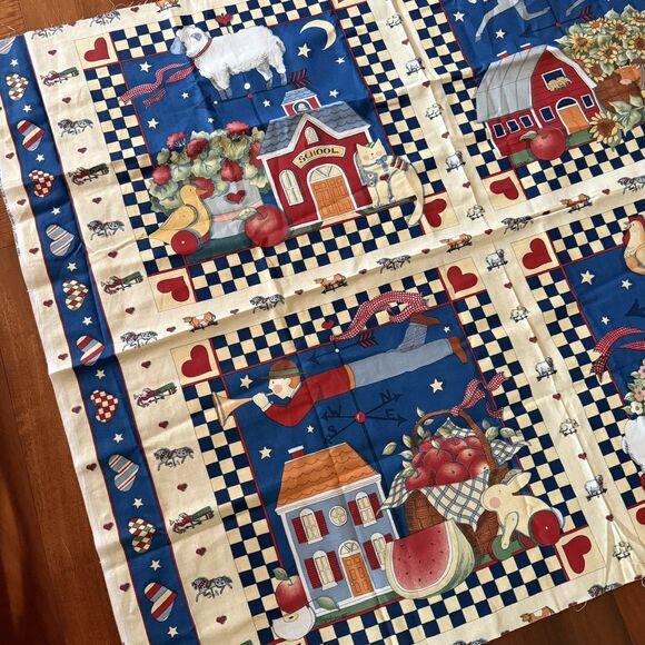 Vtg 90s Susan Winget Fabric Panel Farm School Quilt Blocks Farm Pillow Panels - Picture 6 of 7